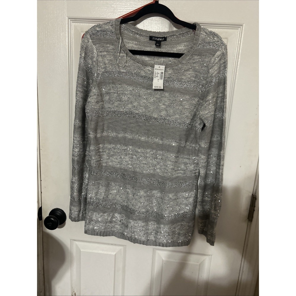 Roz And Ali Silver Crewneck Sweater Metallic Shiny Large‎